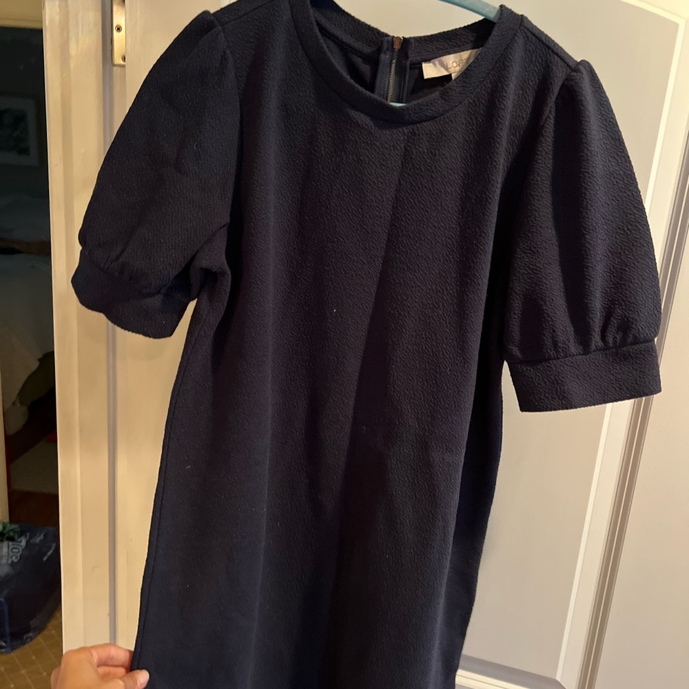 Navy blue puff sleeve dress. Zip in back. Like new.  No tags